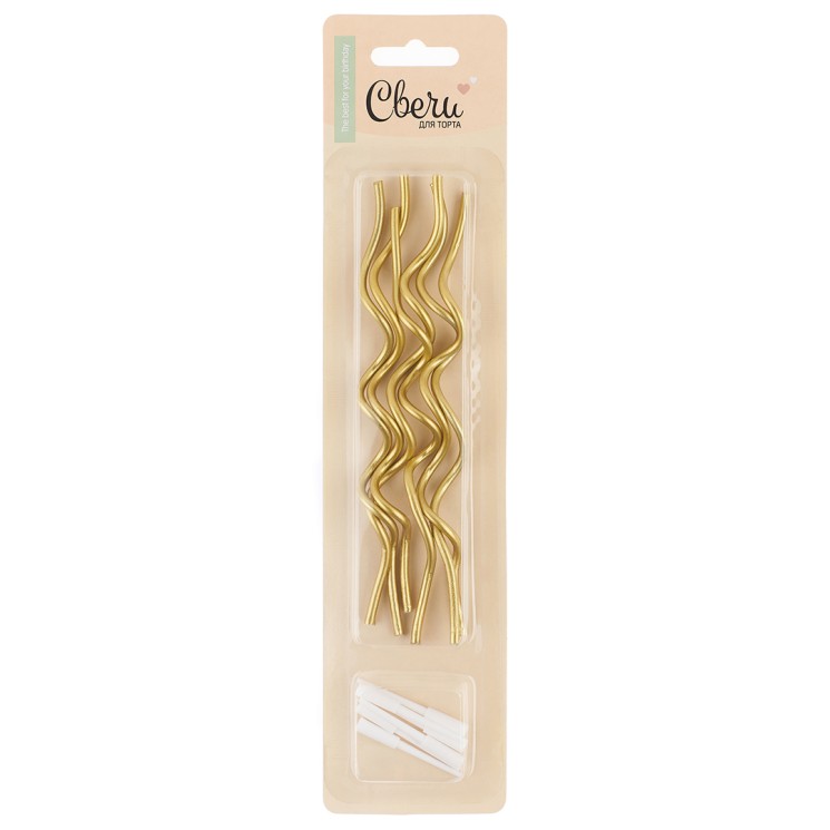 Свечи Коктейльные, Тонкие спирали, Золото, Металлик, 0,3*14,5 см, 6 шт. с держат., - в магазине «ШарикClub»