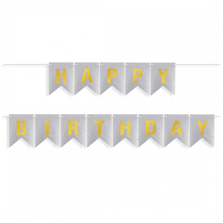 Гирлянда Флажки, Happy Birthday, Серебро/Золото, Металлик, с блестками, 350 см, 17*12 см - в магазине «ШарикClub»