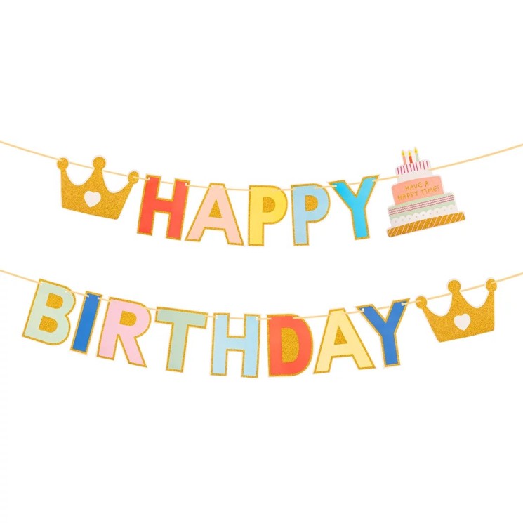 Гирлянда Happy Birthday (разноцветные буквы и короны), с блестками, 200 см - в магазине «ШарикClub»