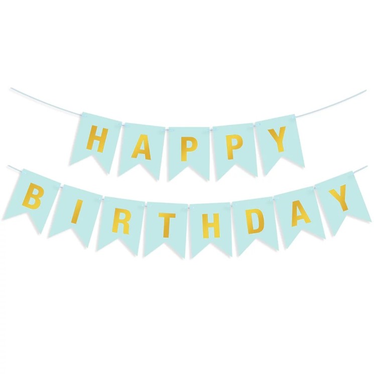 Гирлянда Флажки, Happy Birthday, Голубой/Золото, Металлик, 500 см, 16*12 см - в магазине «ШарикClub»