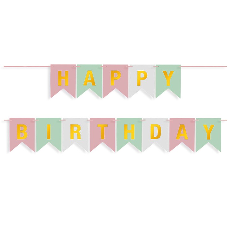 Гирлянда Флажки, Happy Birthday, Пастельный микс/Золото, Металлик, 500 см, 16*12 см - в магазине «ШарикClub»